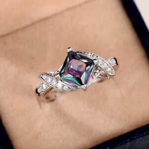 NEW 18k White Gold Mystic Topaz Diamond Ring Princess Cut Ring